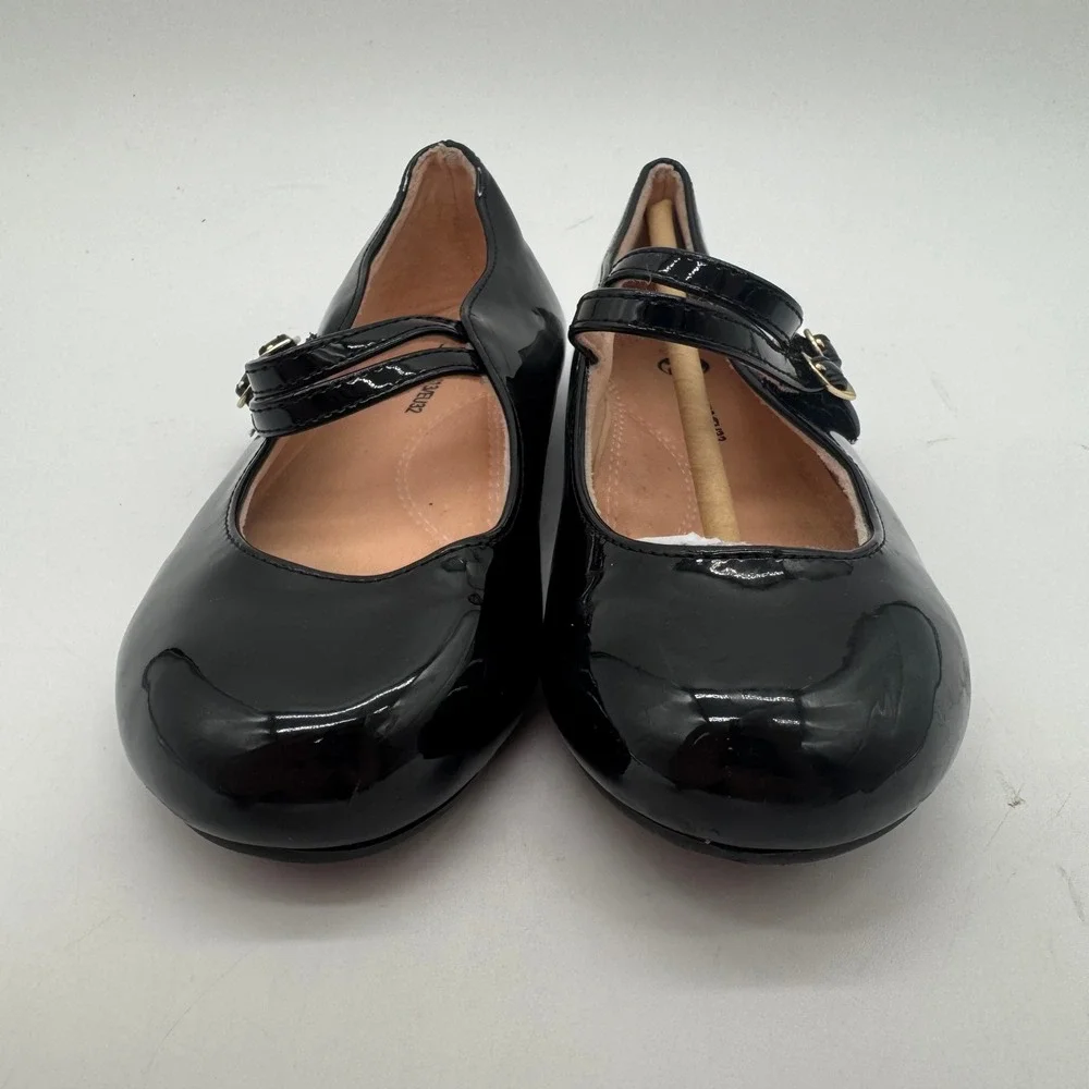 Girls Size 1 Black Patent Mary Jane Flats Double Strap Gold Buckle Dress Shoes